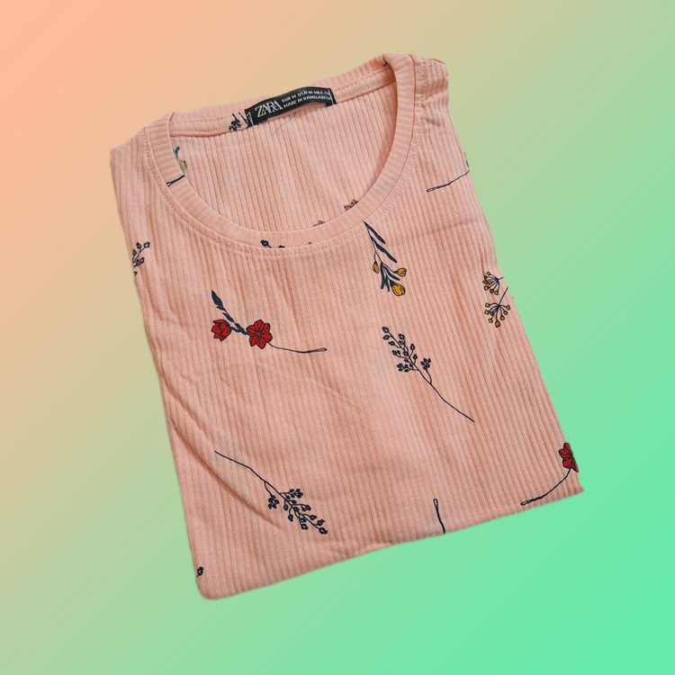 تیشرت نخ پنبه کبریتی طرحدار وارداتی زنانه h&m