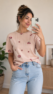 تیشرت نخ پنبه کبریتی طرحدار وارداتی زنانه h&m