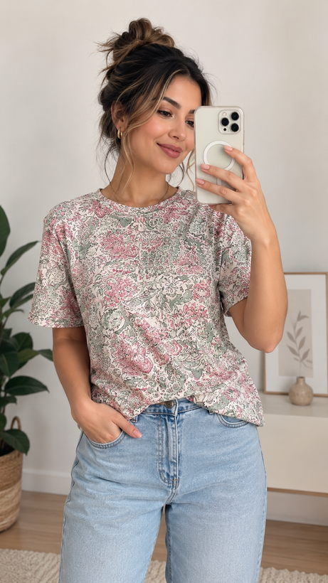 تیشرت نخ پنبه وارداتی طرحدار فانتزی h&m اچ ان ام زنانه