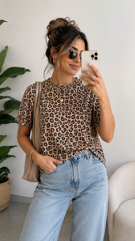 تیشرت پلنگی دمپا گردنخ پنبه وارداتی زنانه h&m