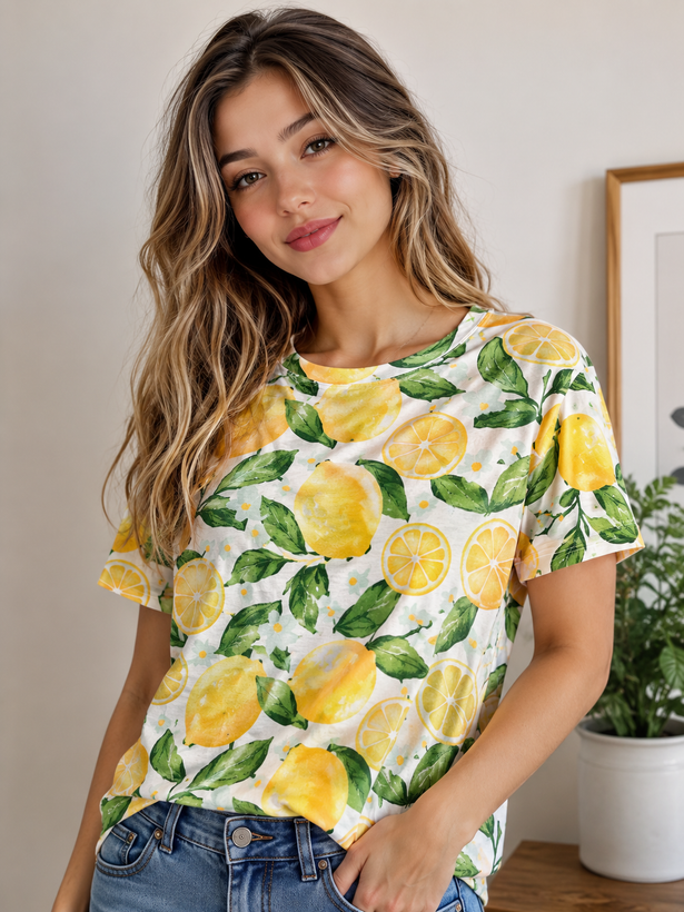 تیشرت نخ پنبه وارداتی طرحدار فانتزی h&m اچ ان ام زنانه