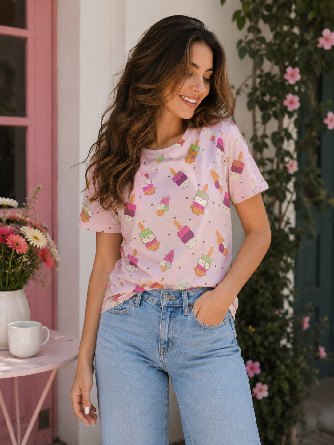 تیشرت نخ پنبه وارداتی طرحدار فانتزی h&m اچ ان ام زنانه