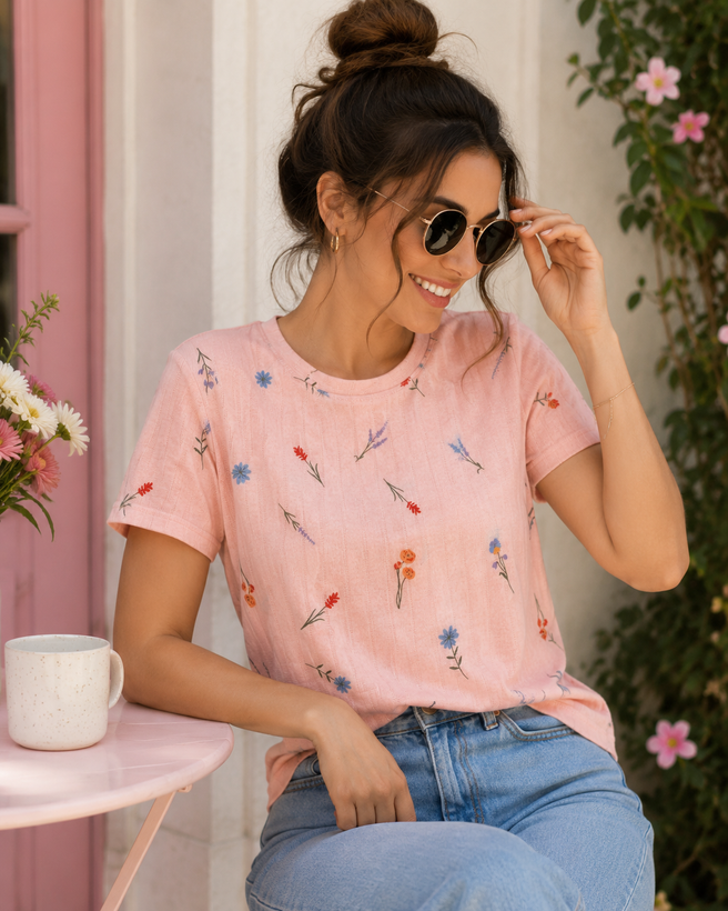 تیشرت نخ پنبه کبریتی طرحدار وارداتی زنانه h&m
