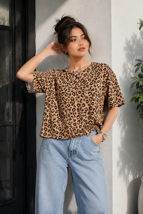 تیشرت پلنگی دمپا گردنخ پنبه وارداتی زنانه h&m